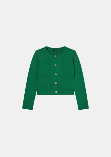 Tara Jarmon green wool cardigan with gold buttons