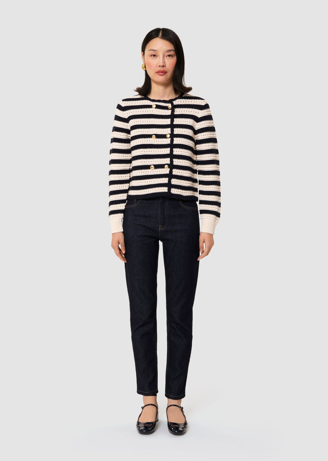 Goldie ecru midnight blue stripes cardigan Tara Jarmon
