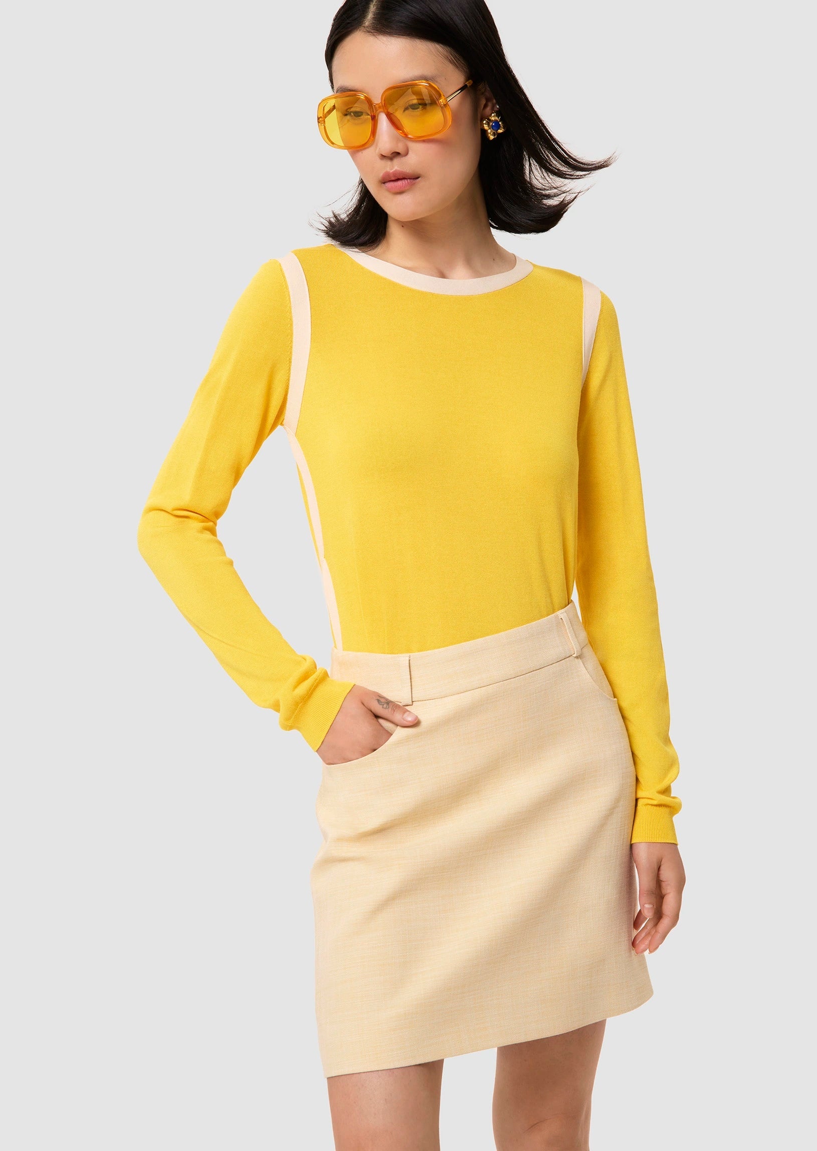 Model wearing Ponama yellow cotton top by Tara Jarmon Lebanon