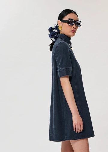 Women wearing Riva dark blue cotton dress by Tara Jarmon Lebanon
