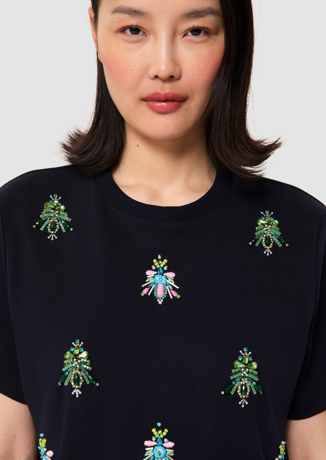 Tarabee midnight blue jersey T-shirt with pearl detail