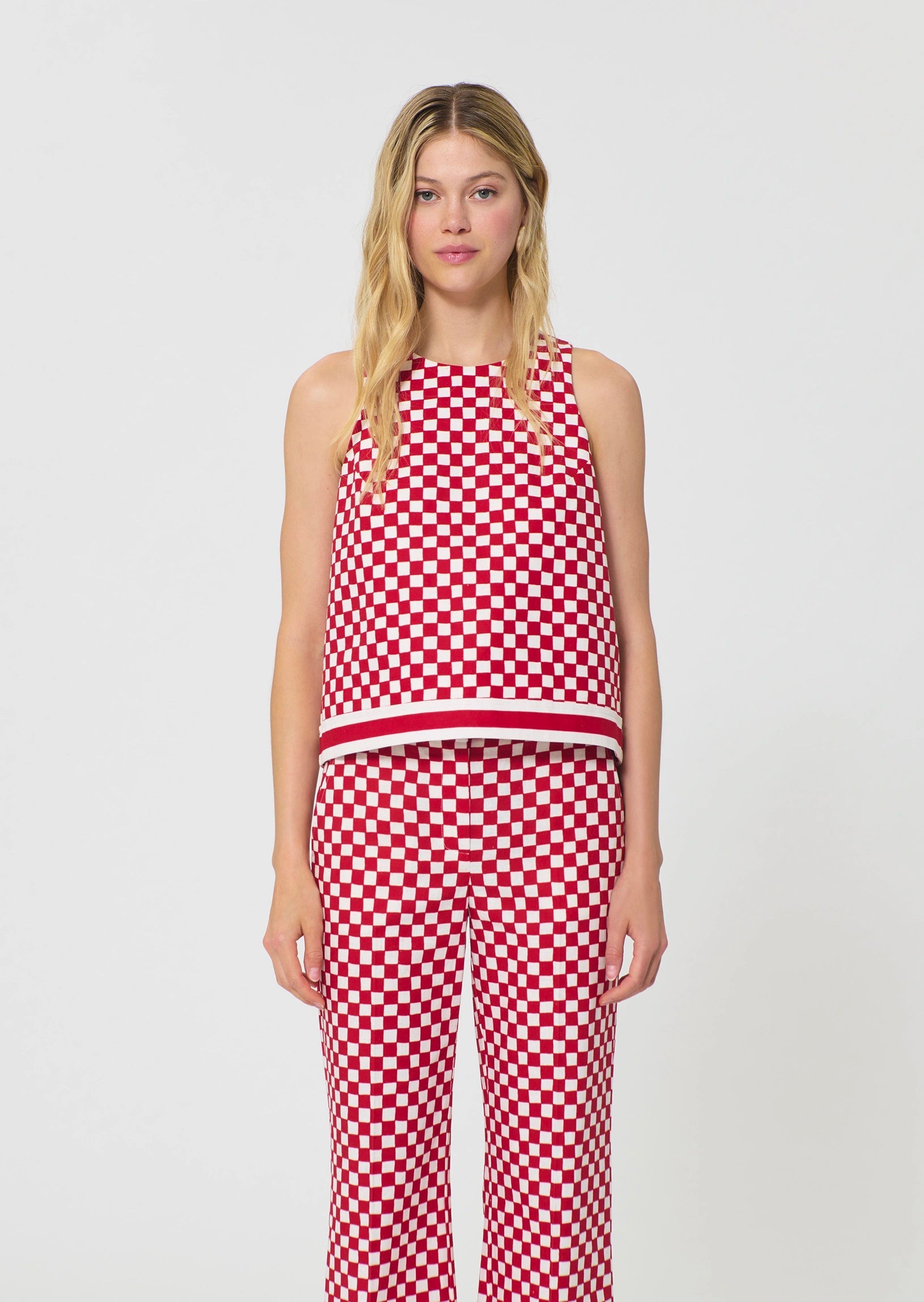 Tiffany top in red checkered pattern linen Tara Jarmon