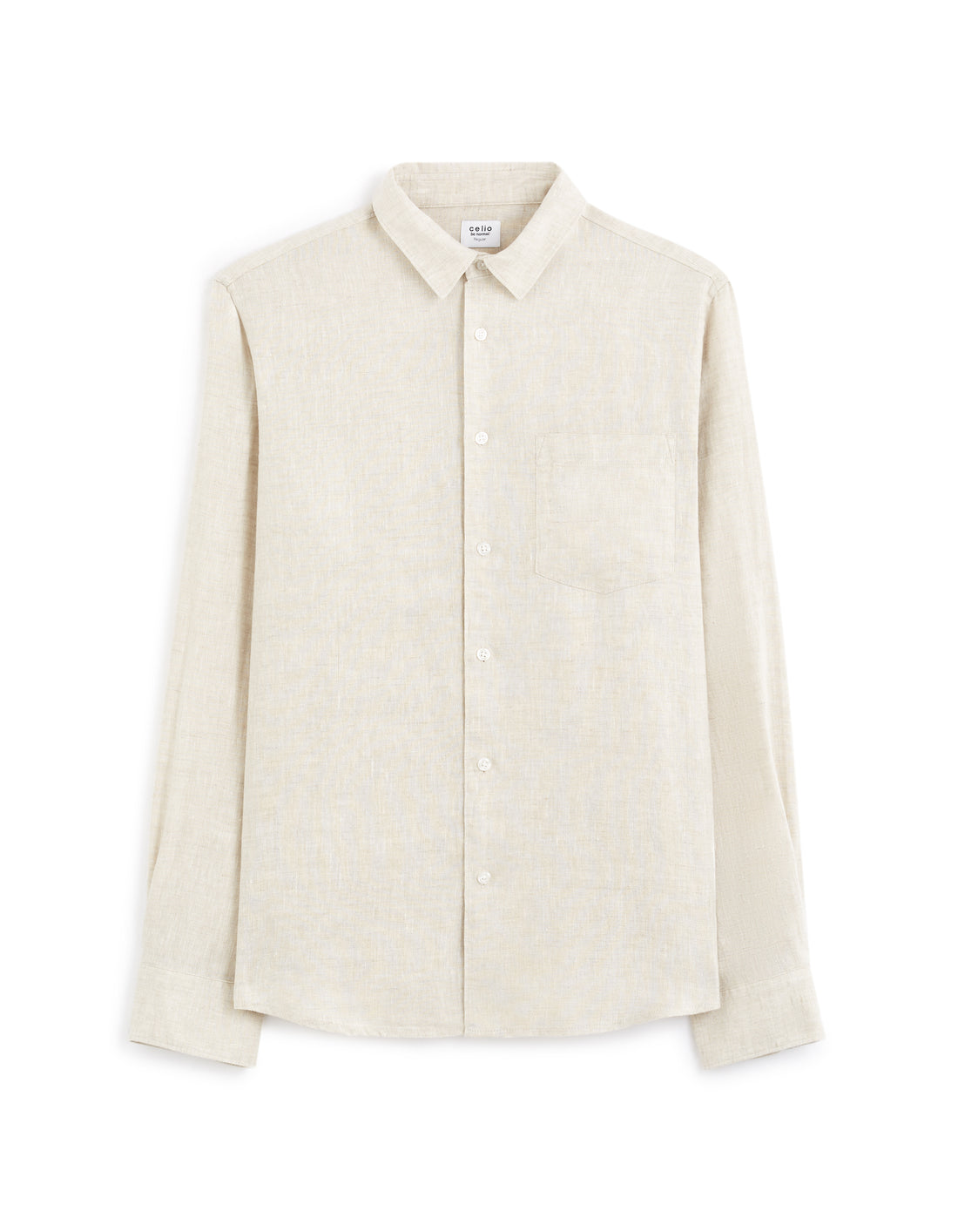 Beige button-up shirt on a white background
