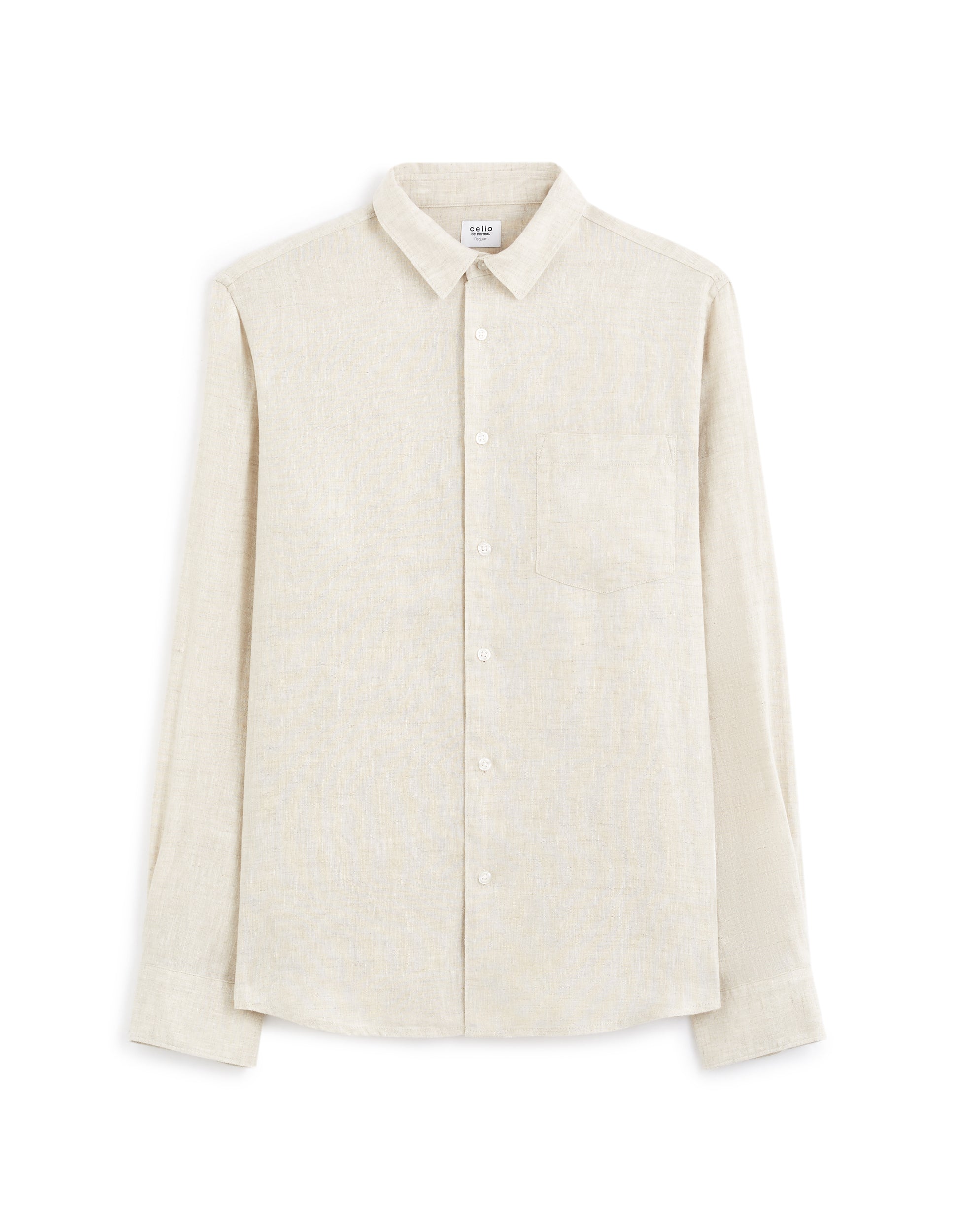 Beige button-up shirt on a white background