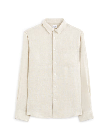 Beige button-up shirt on a white background