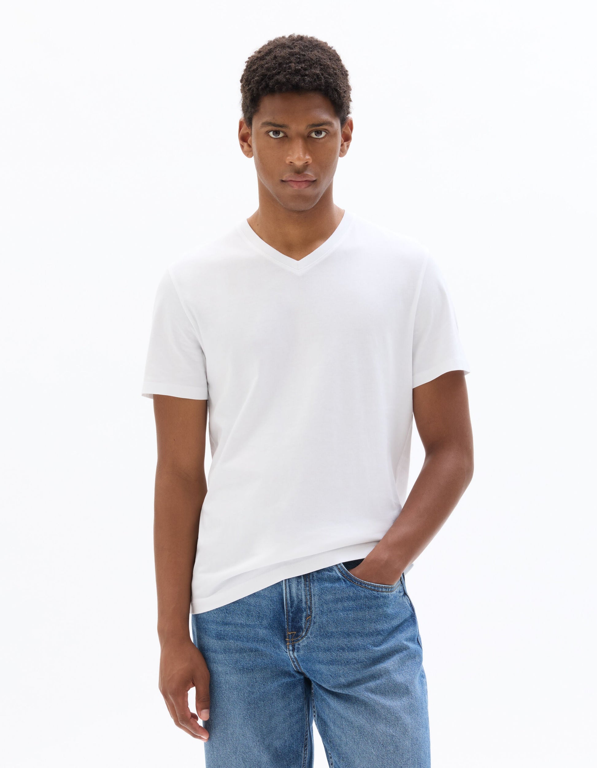 White Regular Fit V-Neck 100% Cotton T-shirt Celio