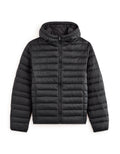 Black puffer jacket on a white background