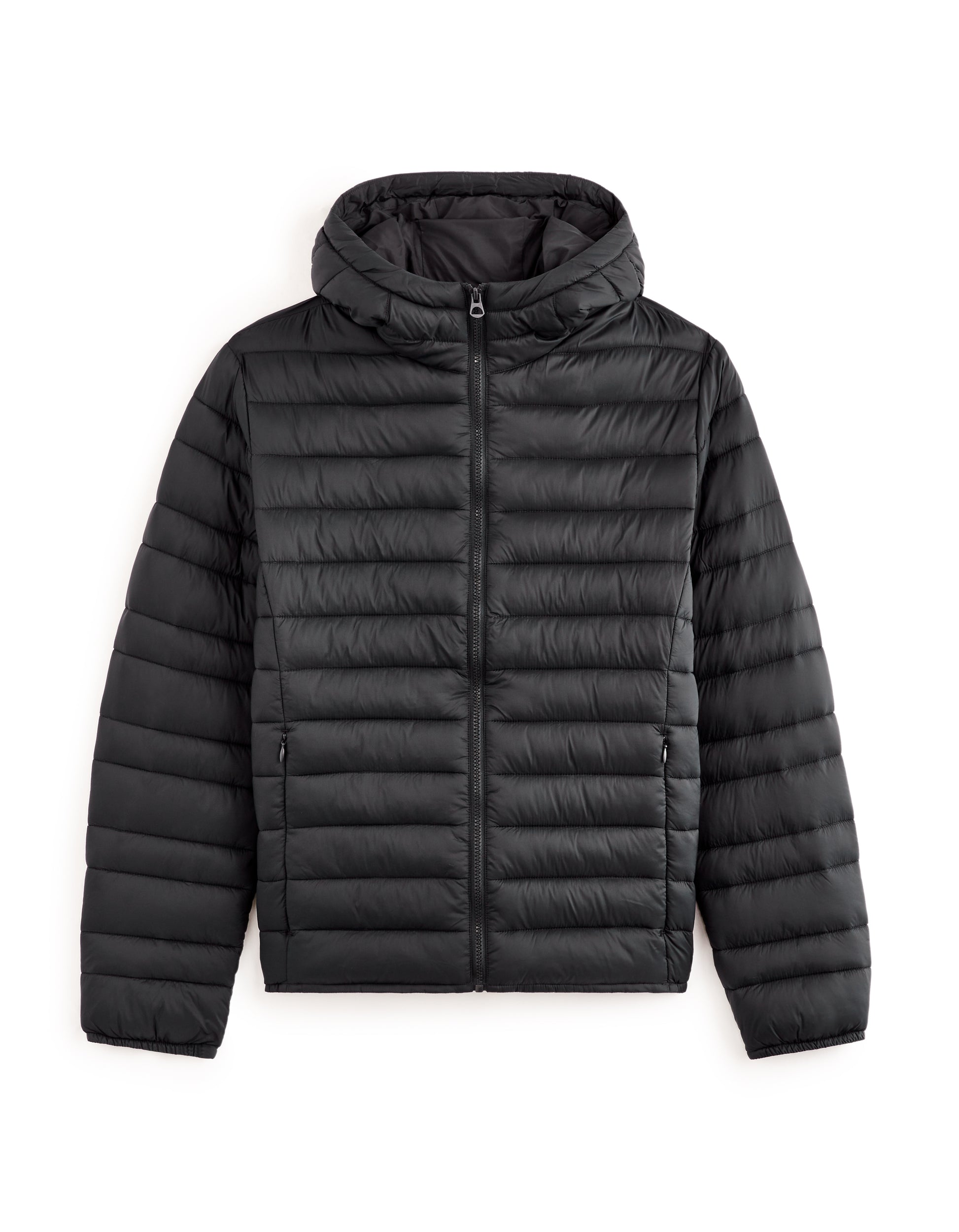 Black puffer jacket on a white background