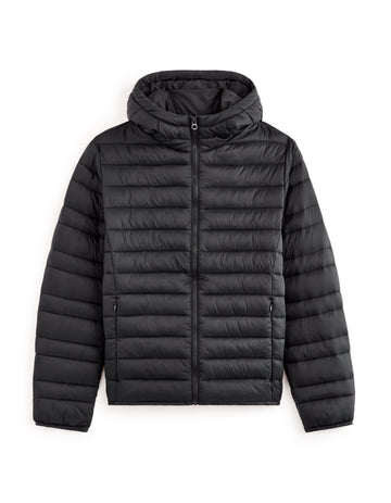 Black puffer jacket on a white background