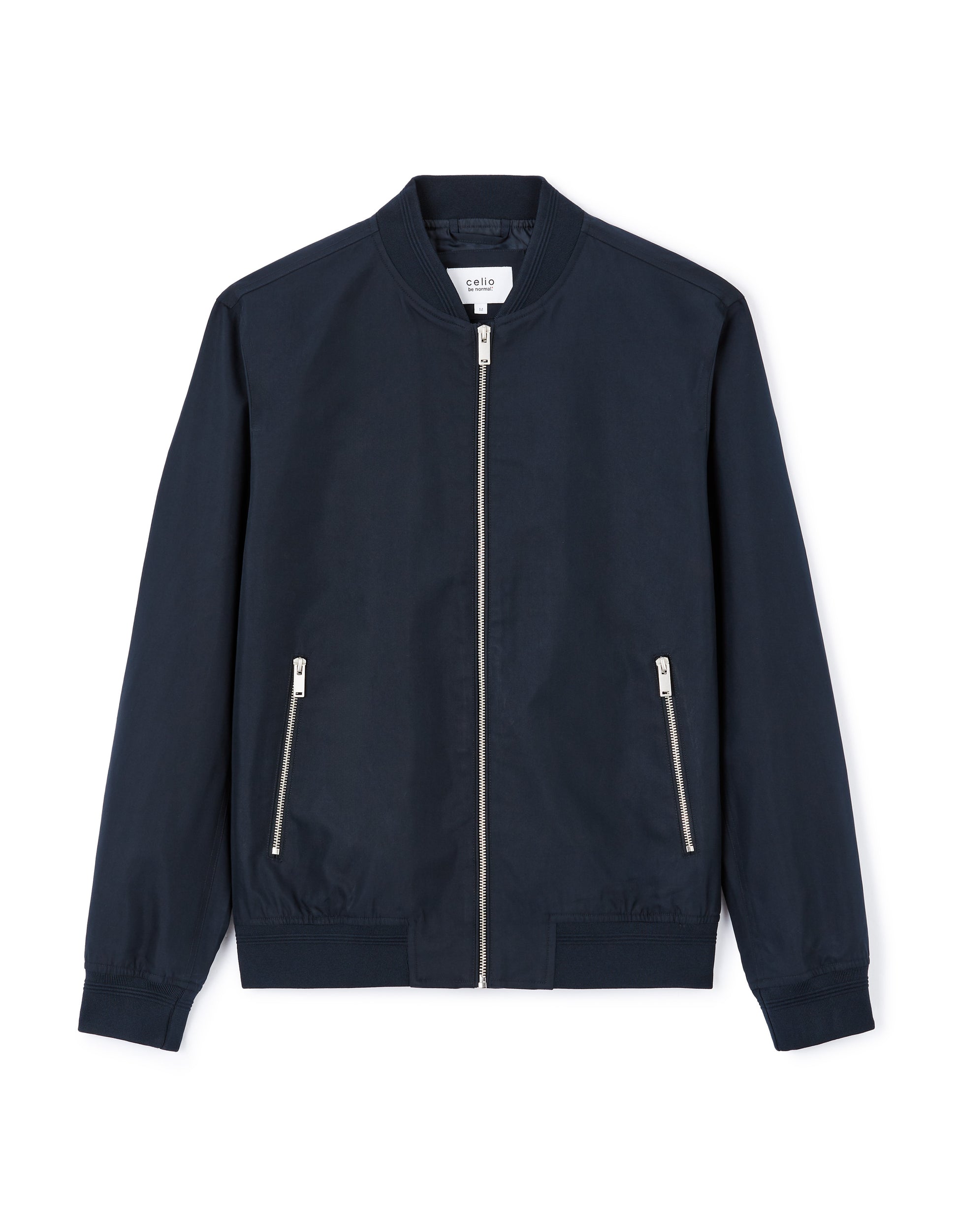 Navy bomber jacket with zippers on a white background