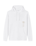 White hoodie with a logo on the chest and text on the sleeve against a white background