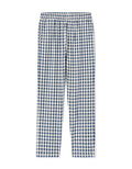 A beige pyjama top and blue checkered pants set for adults.