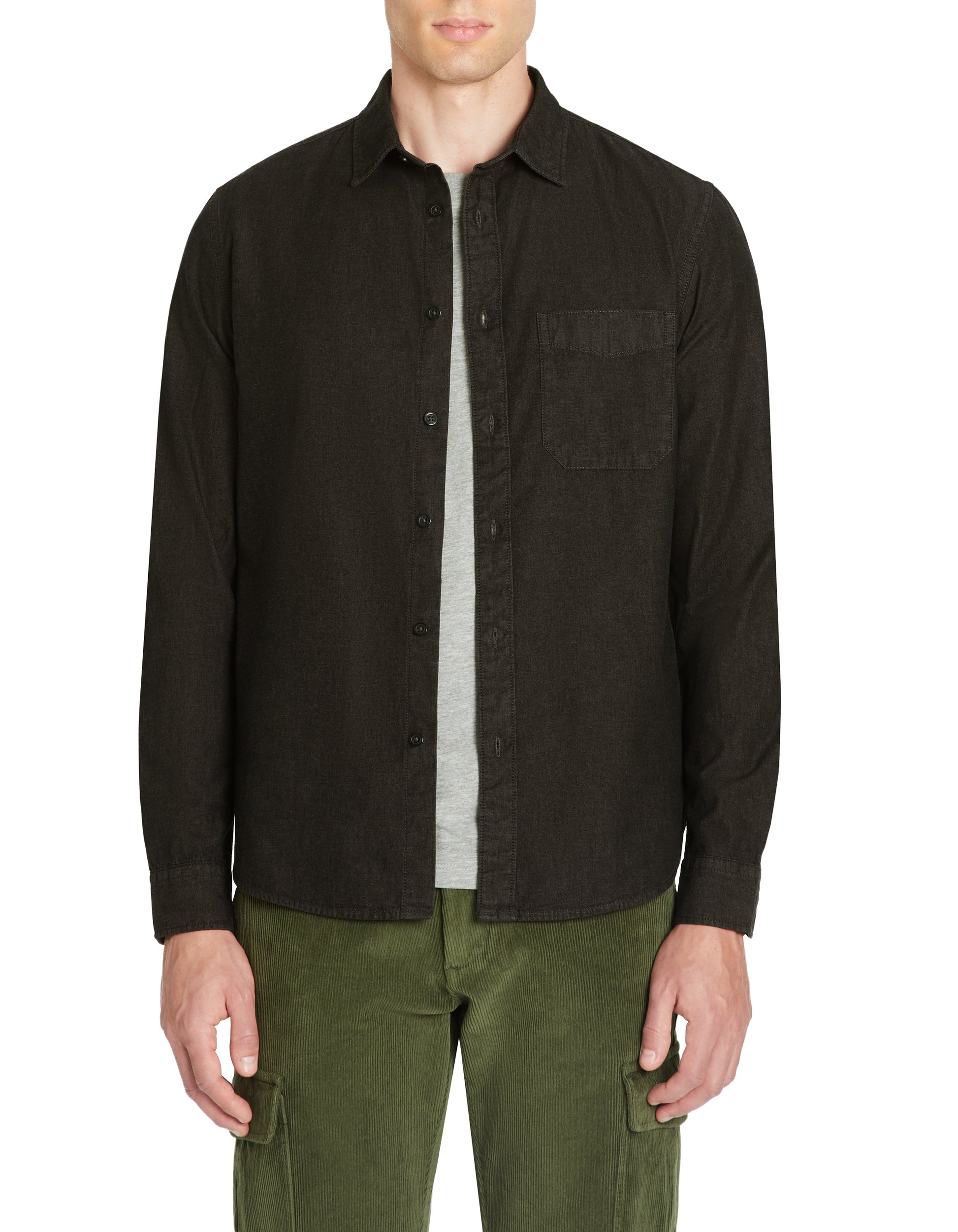 A black long sleeve denim shirt with a collar and front pocket.