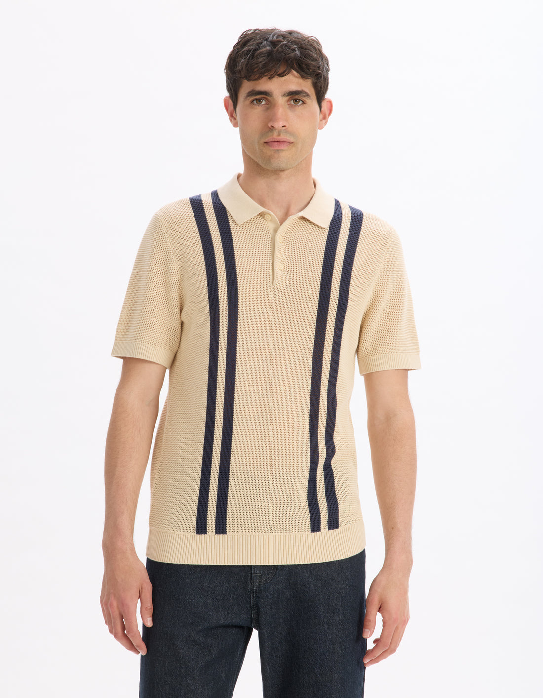 Lebistripe Beige Short Sleeves Polo