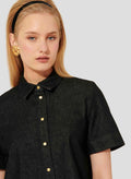 Black denim short sleeves shirt with gold buttons. 