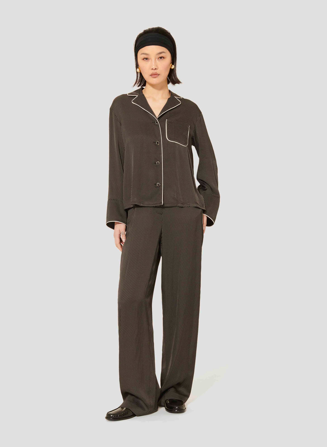 Tara Jarmon black polka dot shirt pajama style.