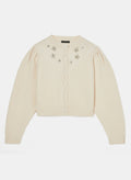 Tara Jarmon short cut, round neckline and long sleeves ecru wool cardigan with pleated shoulders