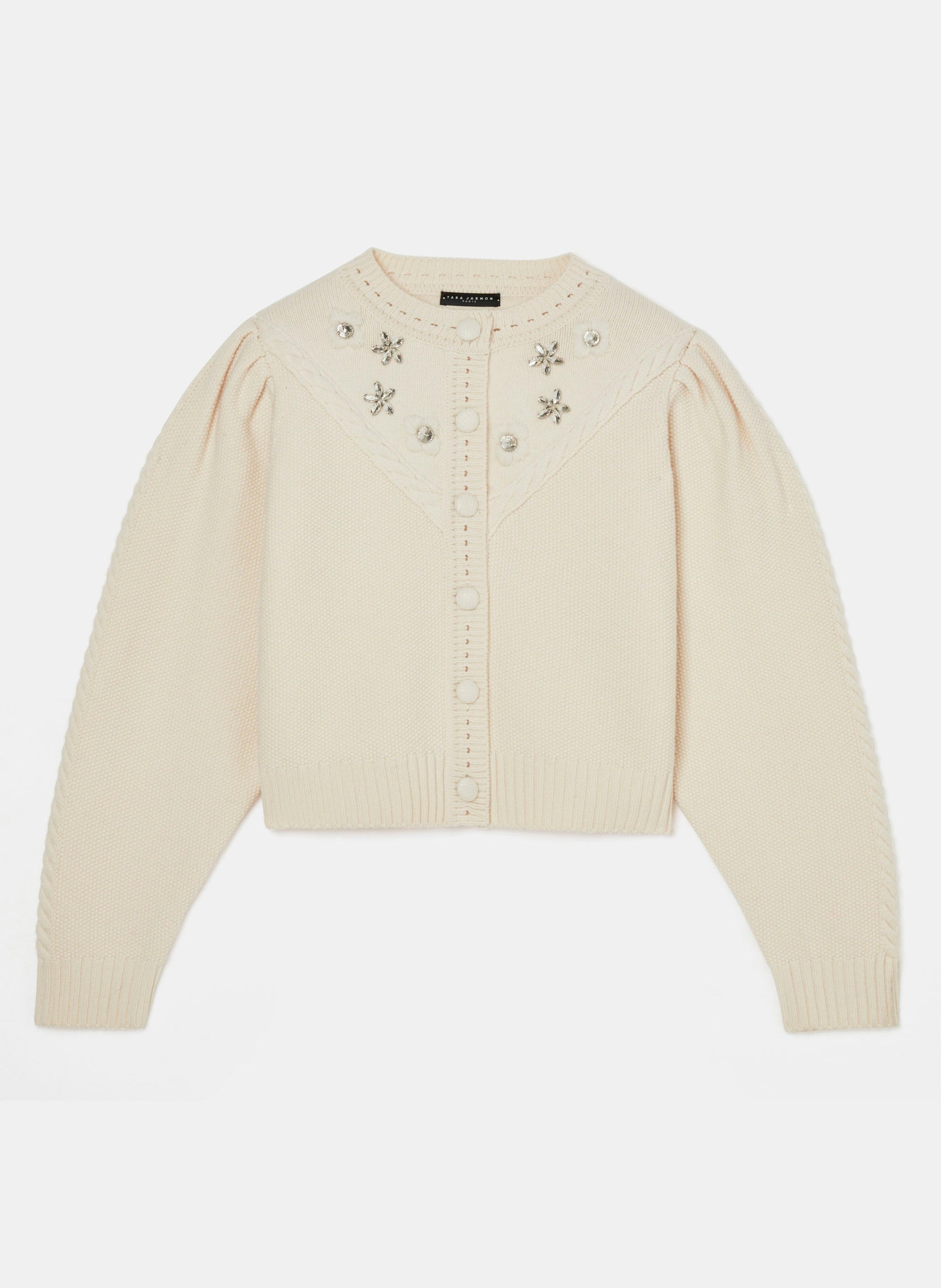 Tara Jarmon short cut, round neckline and long sleeves ecru wool cardigan with pleated shoulders