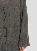 Women's oversized gray cardigan with jeweled buttons. 
