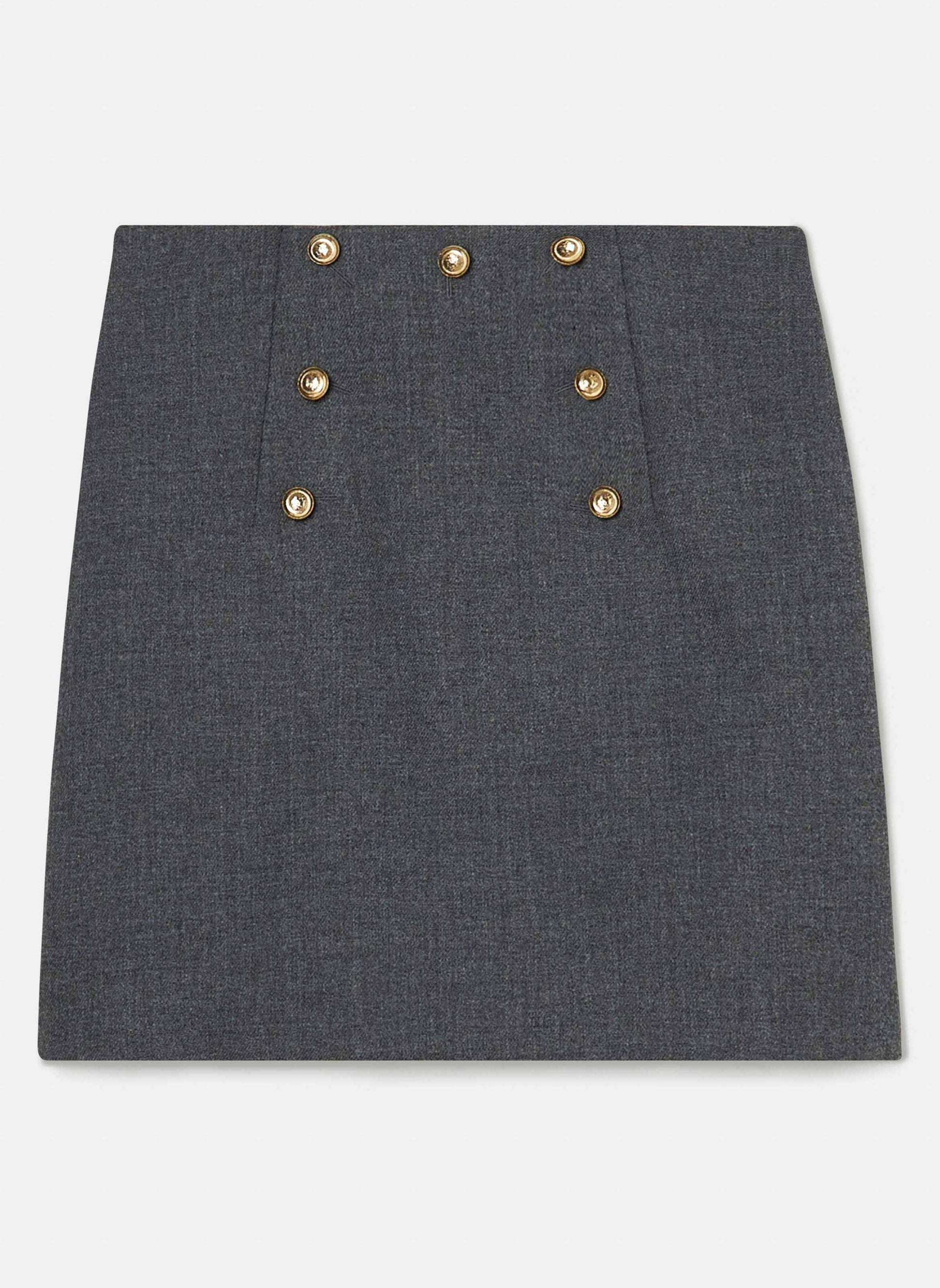 Tara Jarmon grey skirt with black and gold buttons at the front