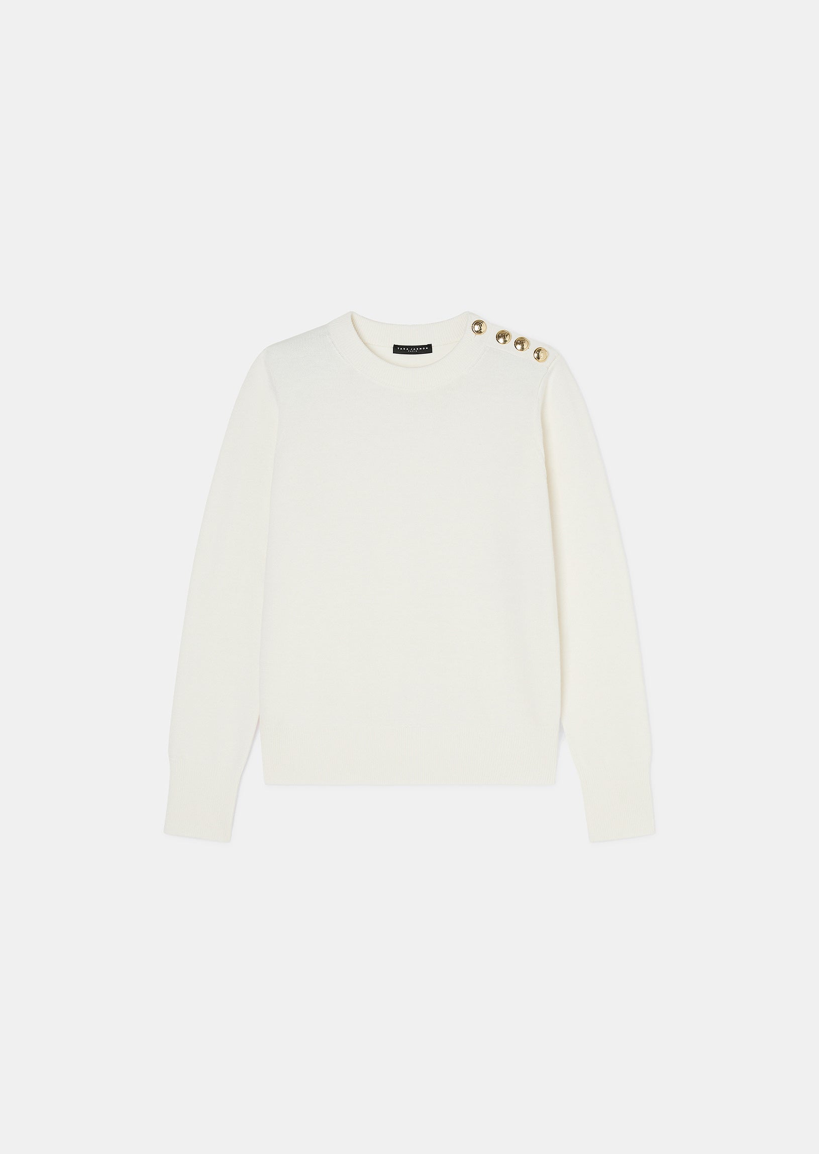 Women's Ecru Soft Wool Crewneck Sweater with Gold Buttons and Gingham Cuffs.
