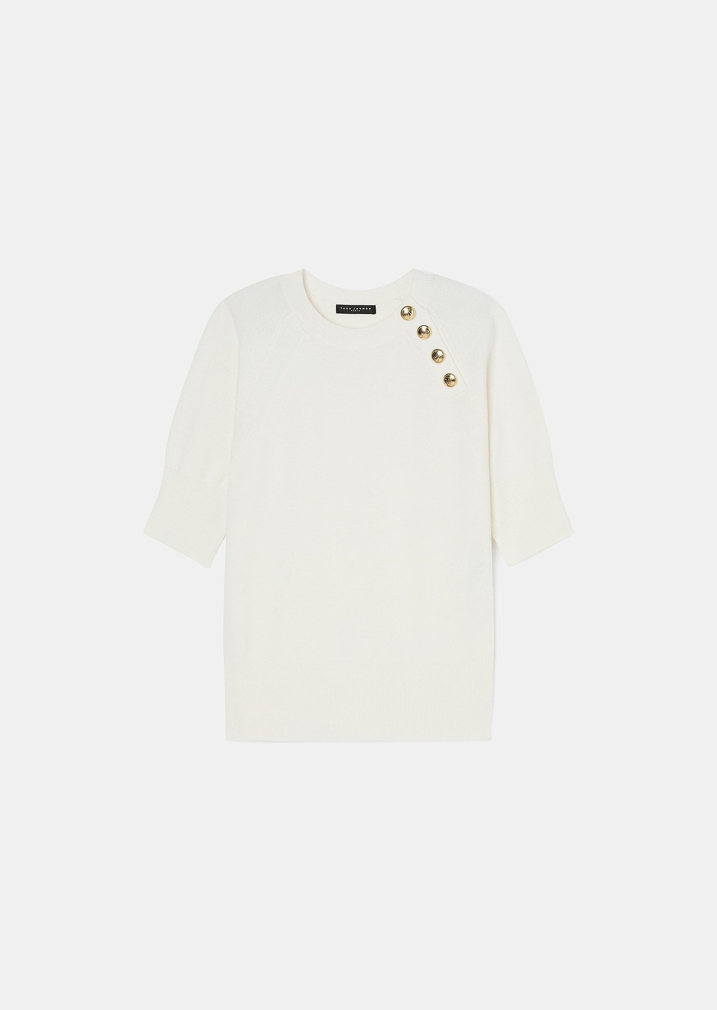 Women's Soft Wool Sweater with Round Collar, Short Sleeves, and Gold Buttons.