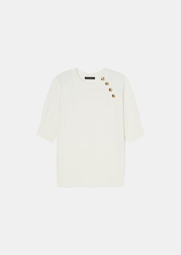 Women's Soft Wool Sweater with Round Collar, Short Sleeves, and Gold Buttons.