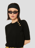 Women's Soft Wool Black Sweater with Round Collar, Short Sleeves, and Gold Buttons.