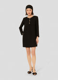 Straight cut short black dress with epaulets.