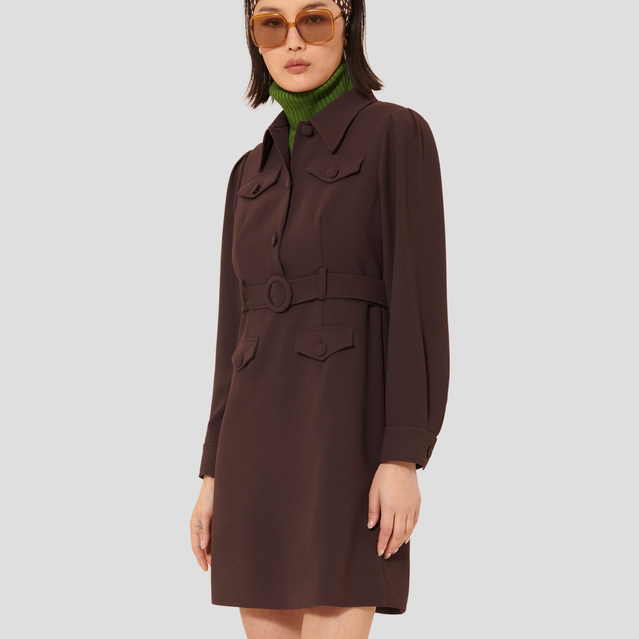 Model wearing Tara Jarmon short brown crepe dress with shirt collar.