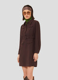 Model wearing Tara Jarmon short brown crepe dress with shirt collar.
