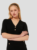 Black Fitted Knit Dress with Side Pockets and Pearl Buttons. 