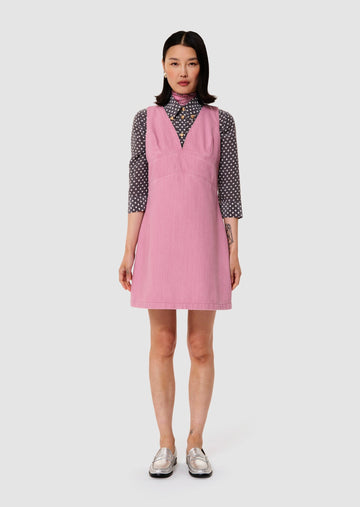 women wearing Ricky pink cotton denim dress from Tara Jarmon Lebanon