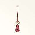 Pink tassel keychain with brown leather strap on a white background