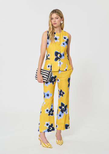 vest in yellow floral printed linen and cotton