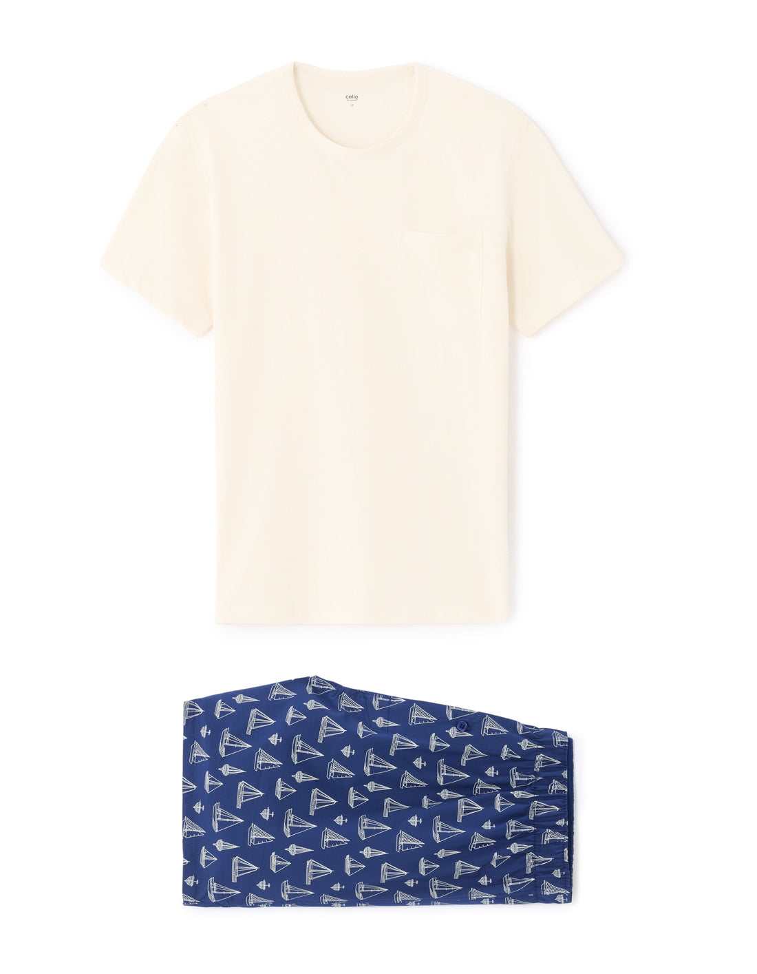 Blue 100% Cotton Nautical Boat Print T-shirt and Shorts Pajama Set Celio