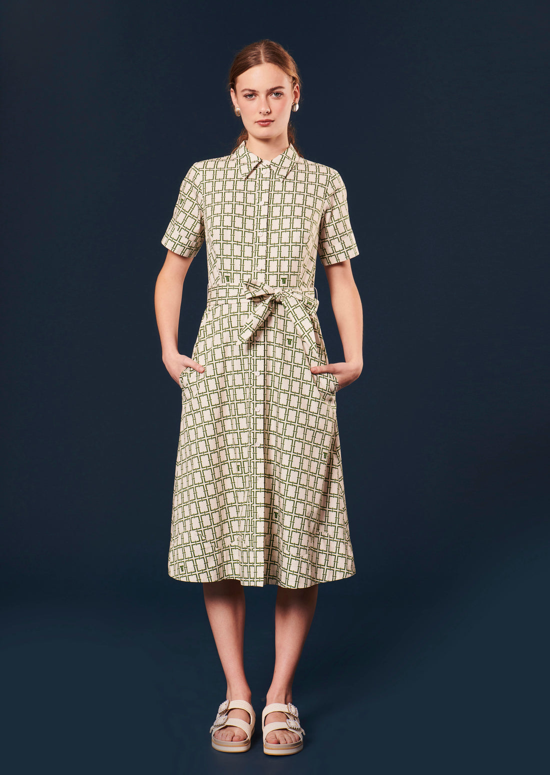 Retronie ecru with green graphic design dress by Tara Jarmon Lebanon