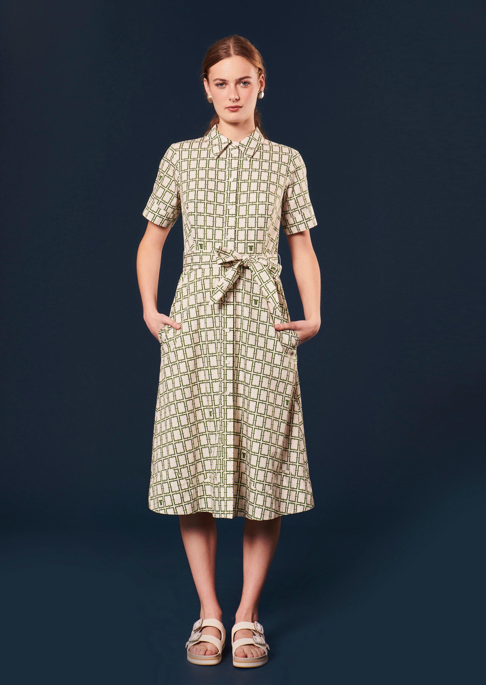 Retronie ecru with green graphic design dress by Tara Jarmon Lebanon