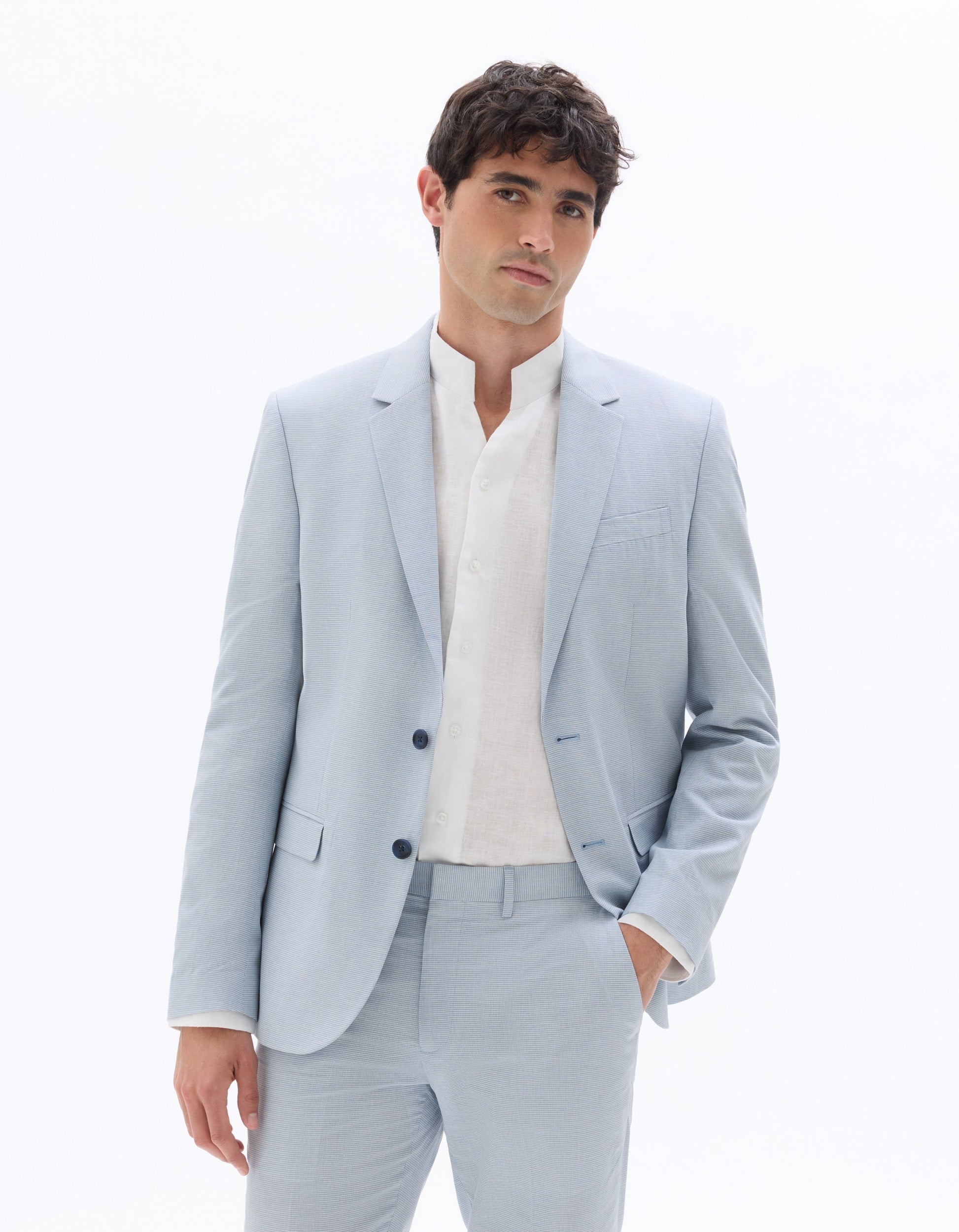 Blue Slim Fit Checked Cotton and Linen Suit Jacket Celio