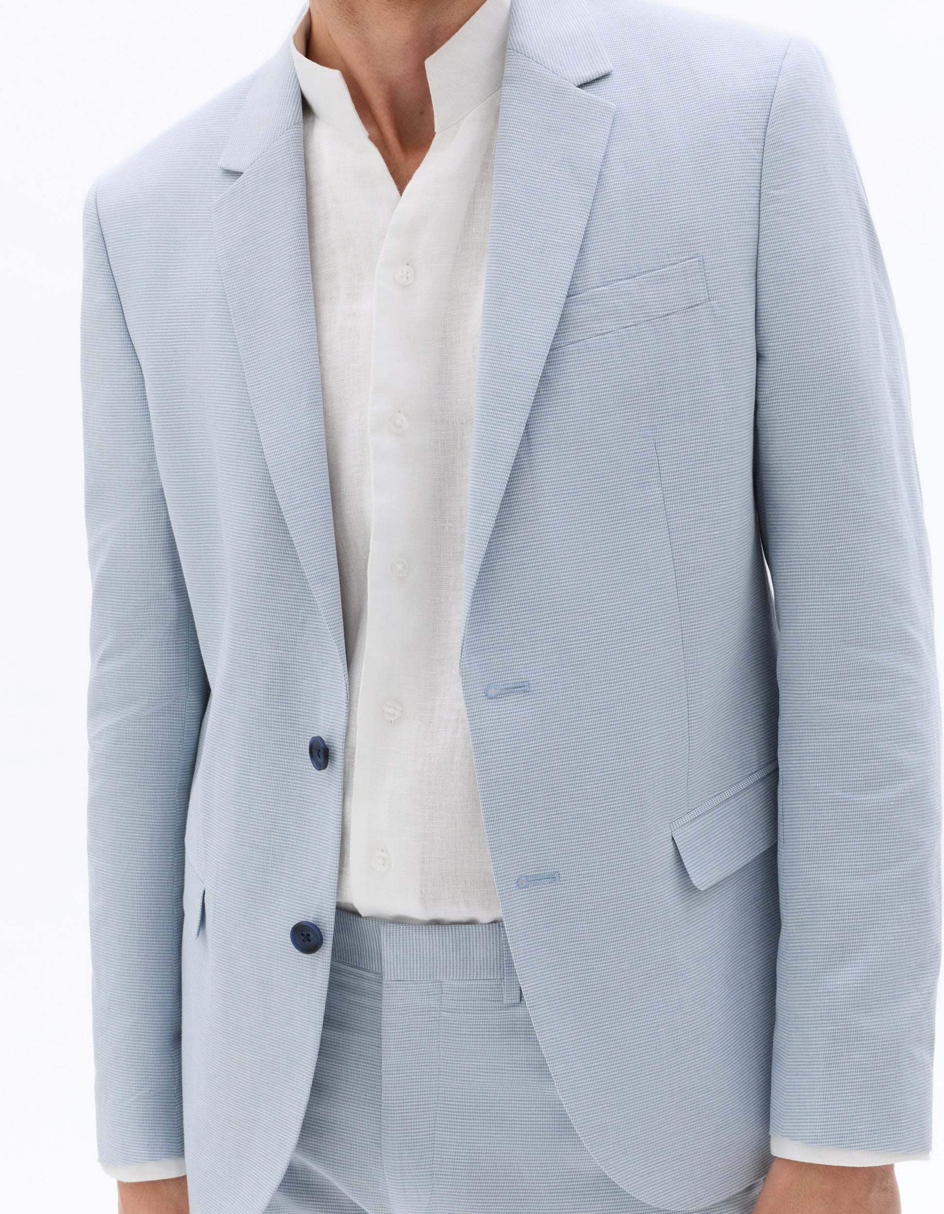 Blue Slim Fit Checked Cotton and Linen Suit Jacket Celio