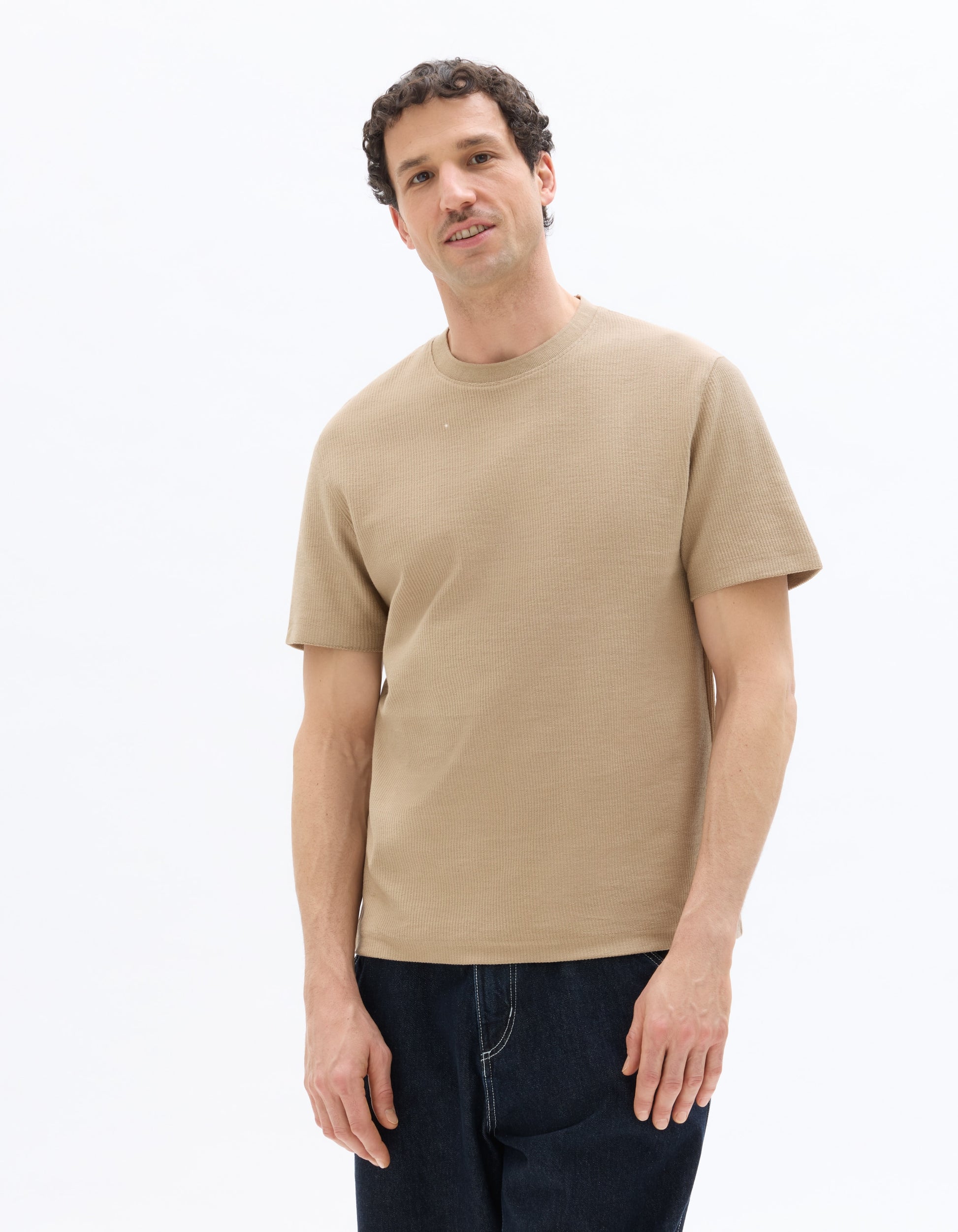 Celio Boxy Crew Neck Textured 100% Cotton T-Shirt - Beige