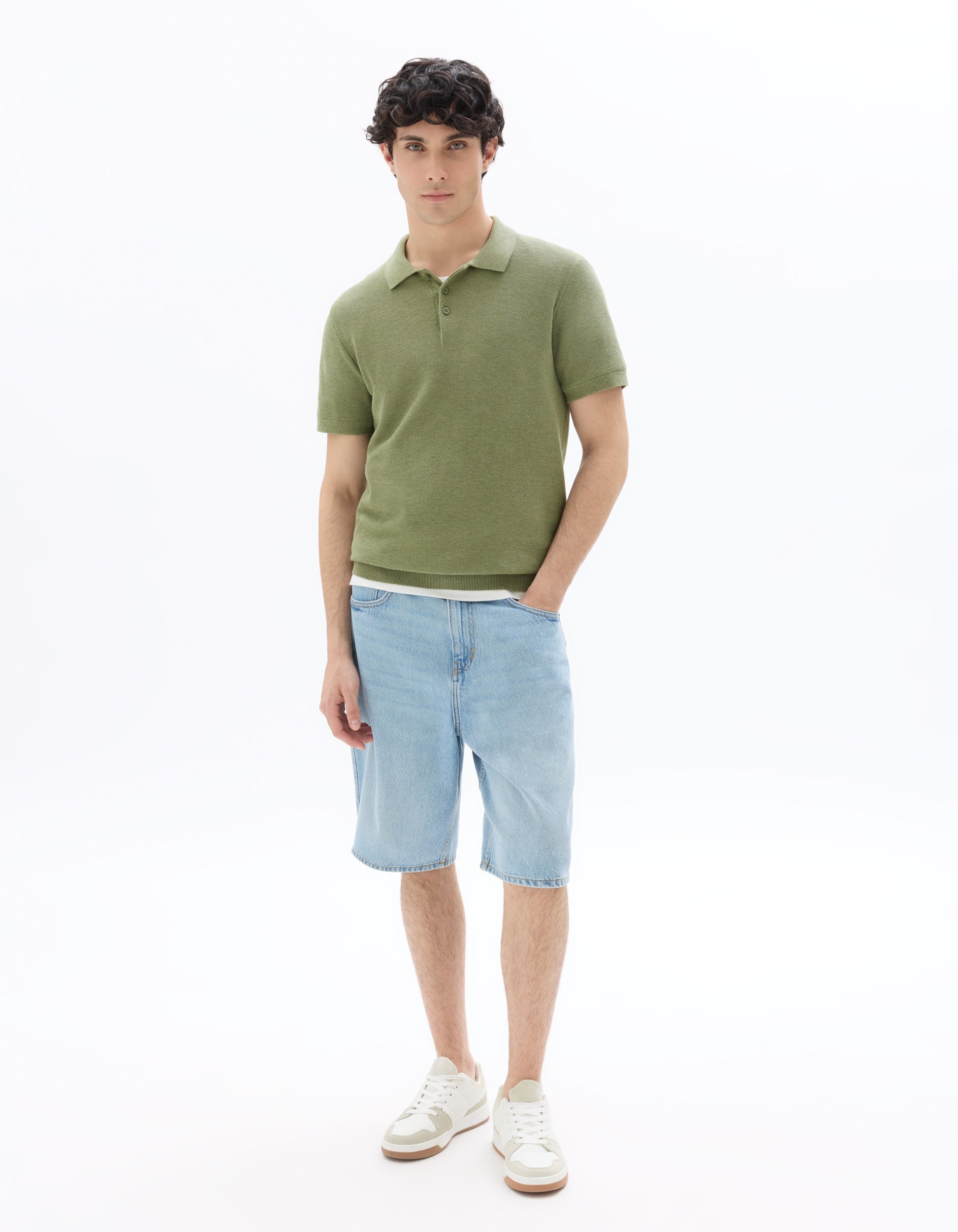 Celio Slim-fit 100% cotton textured knit polo - Green
