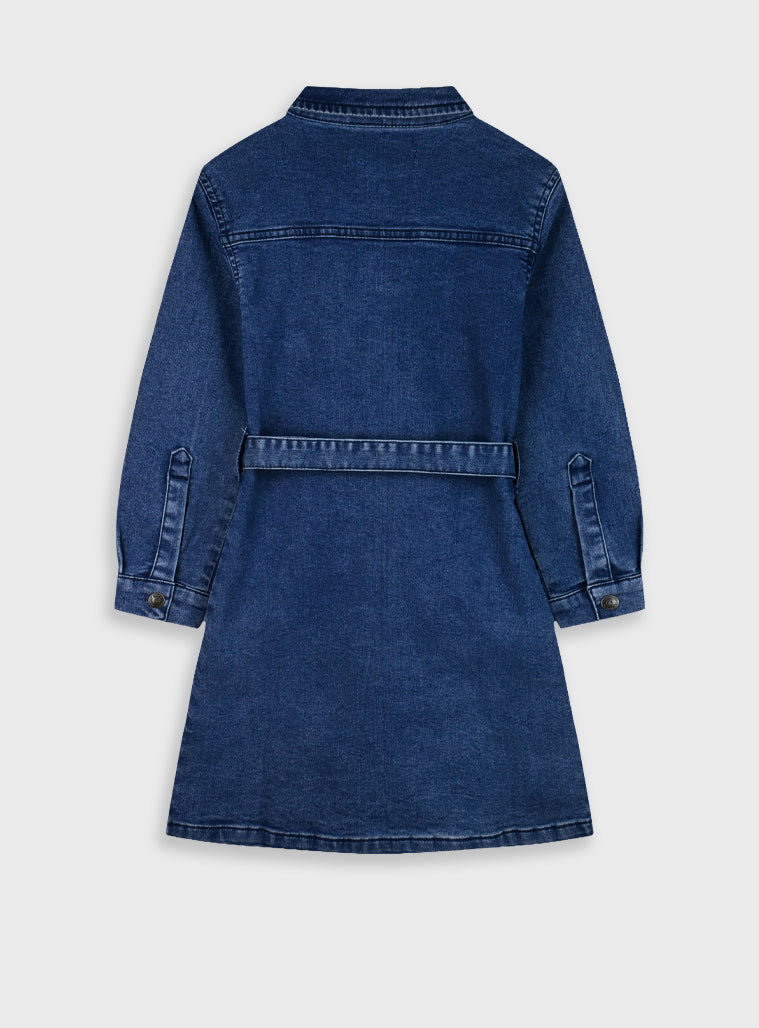 Cotton Blend Girl Dress - Blue Denim