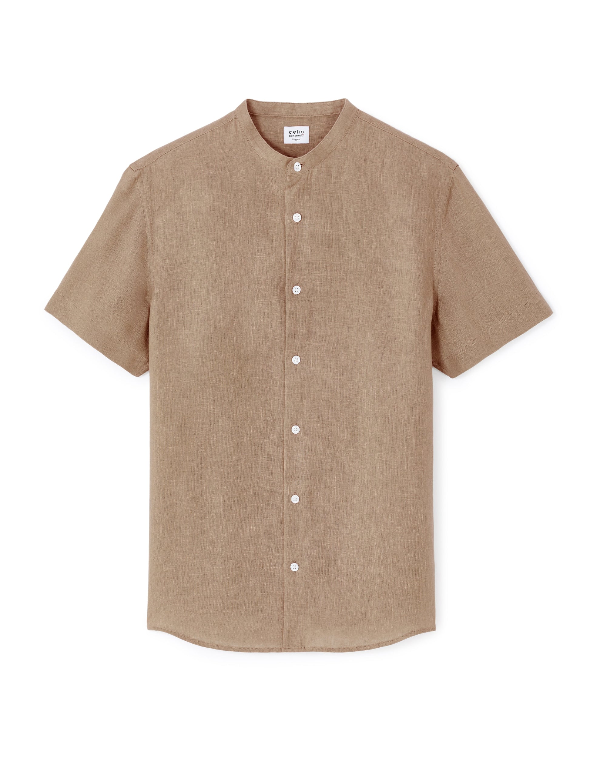 Celio Men's Regular Fit Mao Collar 100% Linen Short Sleeve Shirt - Brown