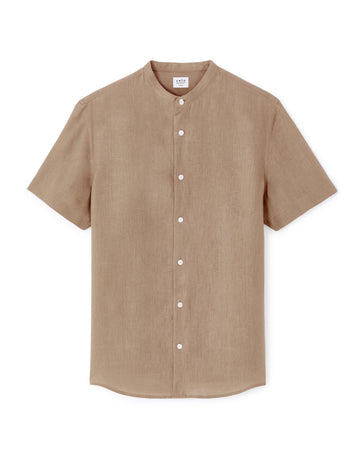 Celio Men's Regular Fit Mao Collar 100% Linen Short Sleeve Shirt - Brown