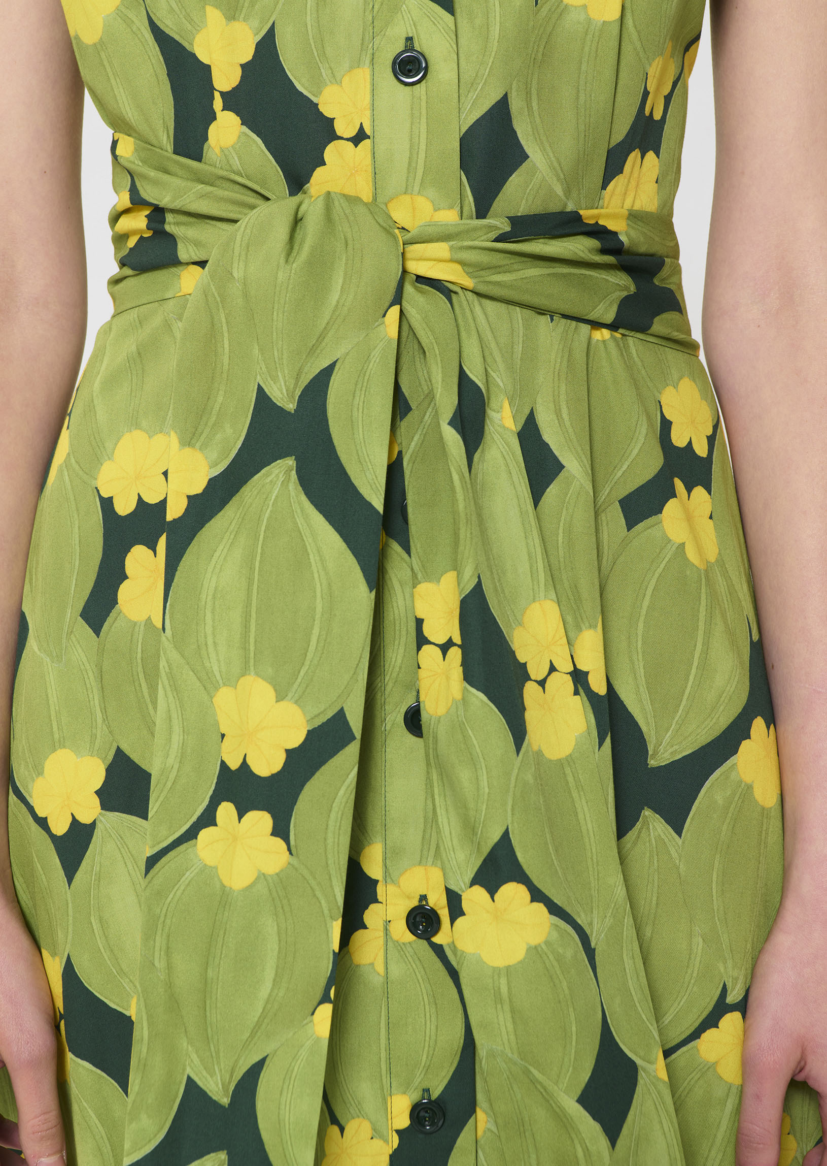 dress in dark green floral print