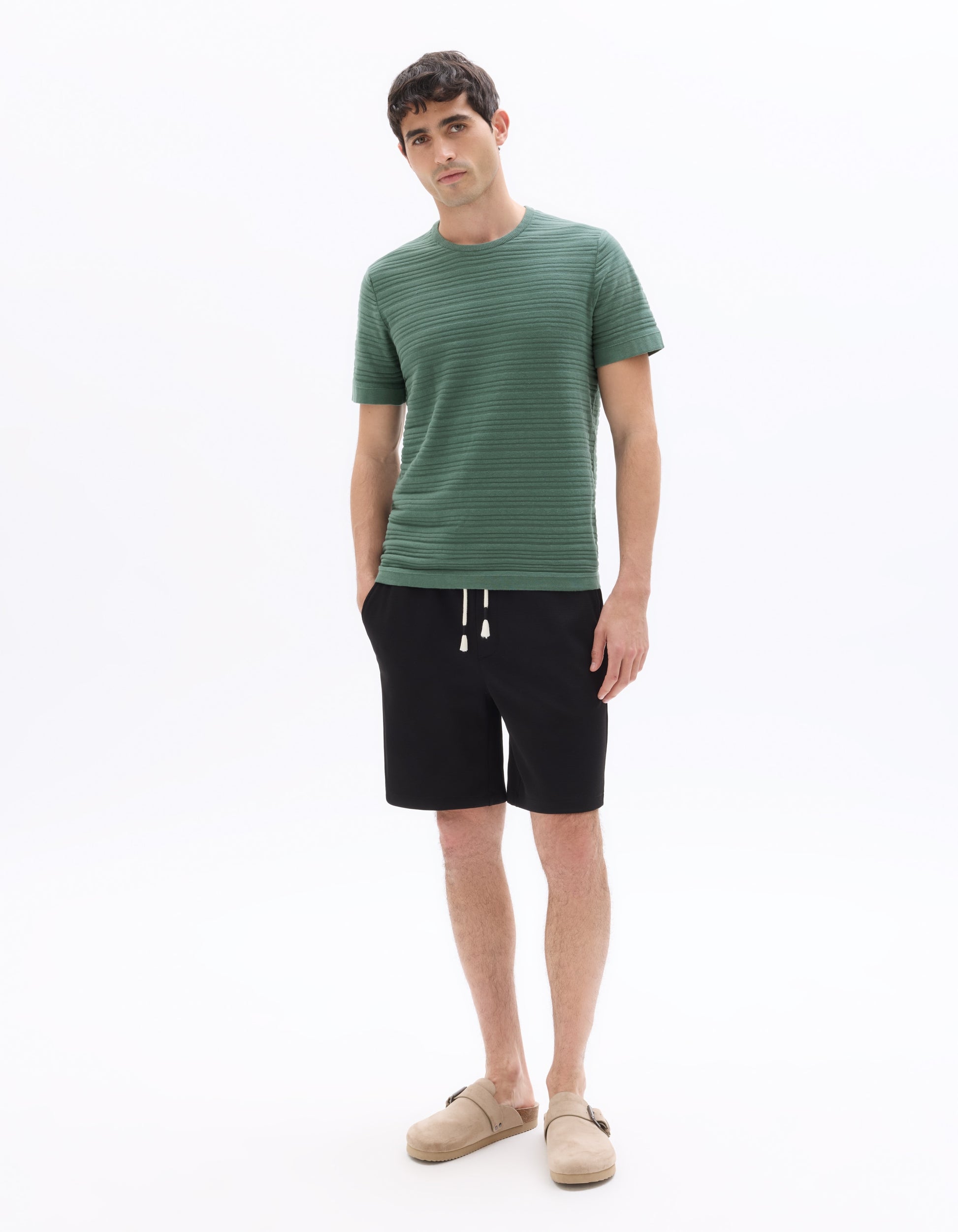 Celio 100% Cotton Regular Fit Textured Knit T-Shirt - Green