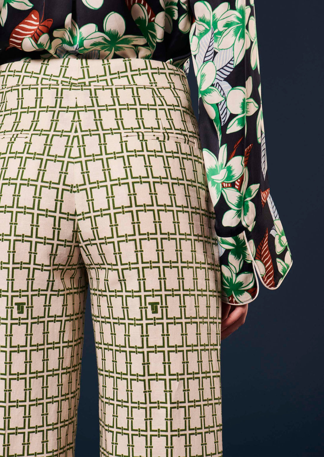 Primavera ecru with green graphic design pants by Tara Jarmon Lebanon