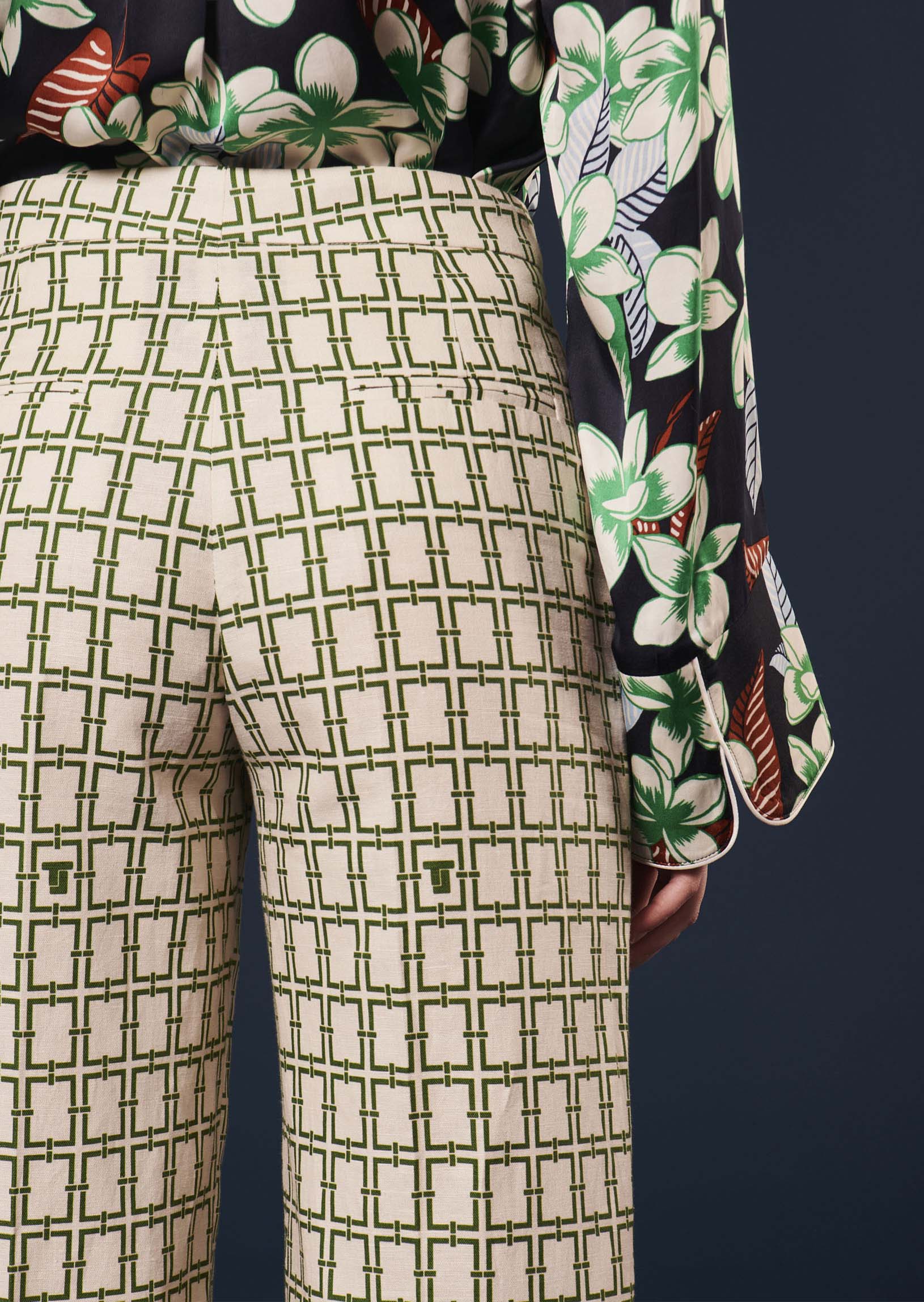 Primavera ecru with green graphic design pants by Tara Jarmon Lebanon