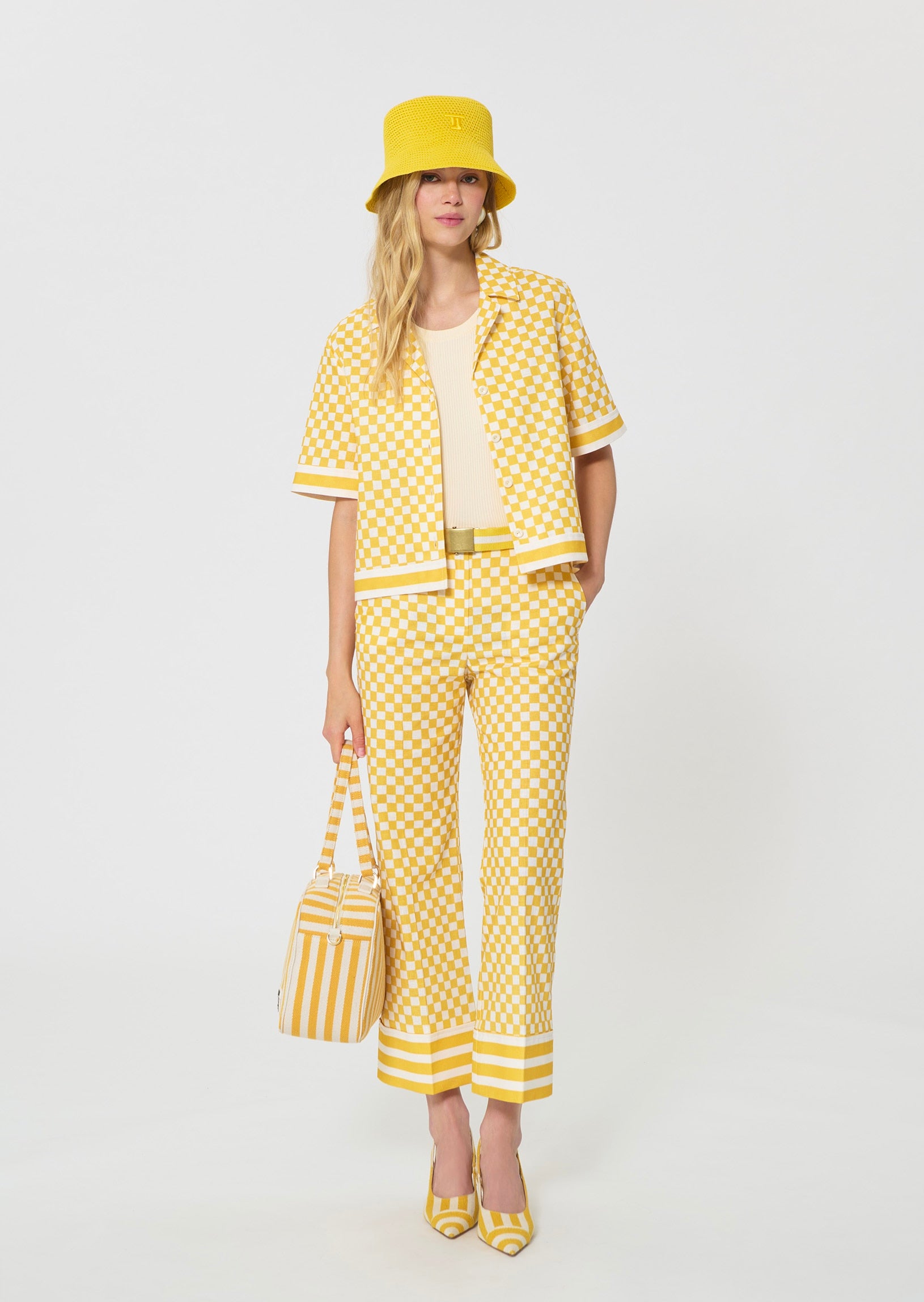 shirt in yellow checkered pattern linen